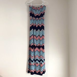 Blue and pink strapless dress